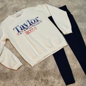 White 'Taylor for President 2024' Sweatshirt and Blue Leggings